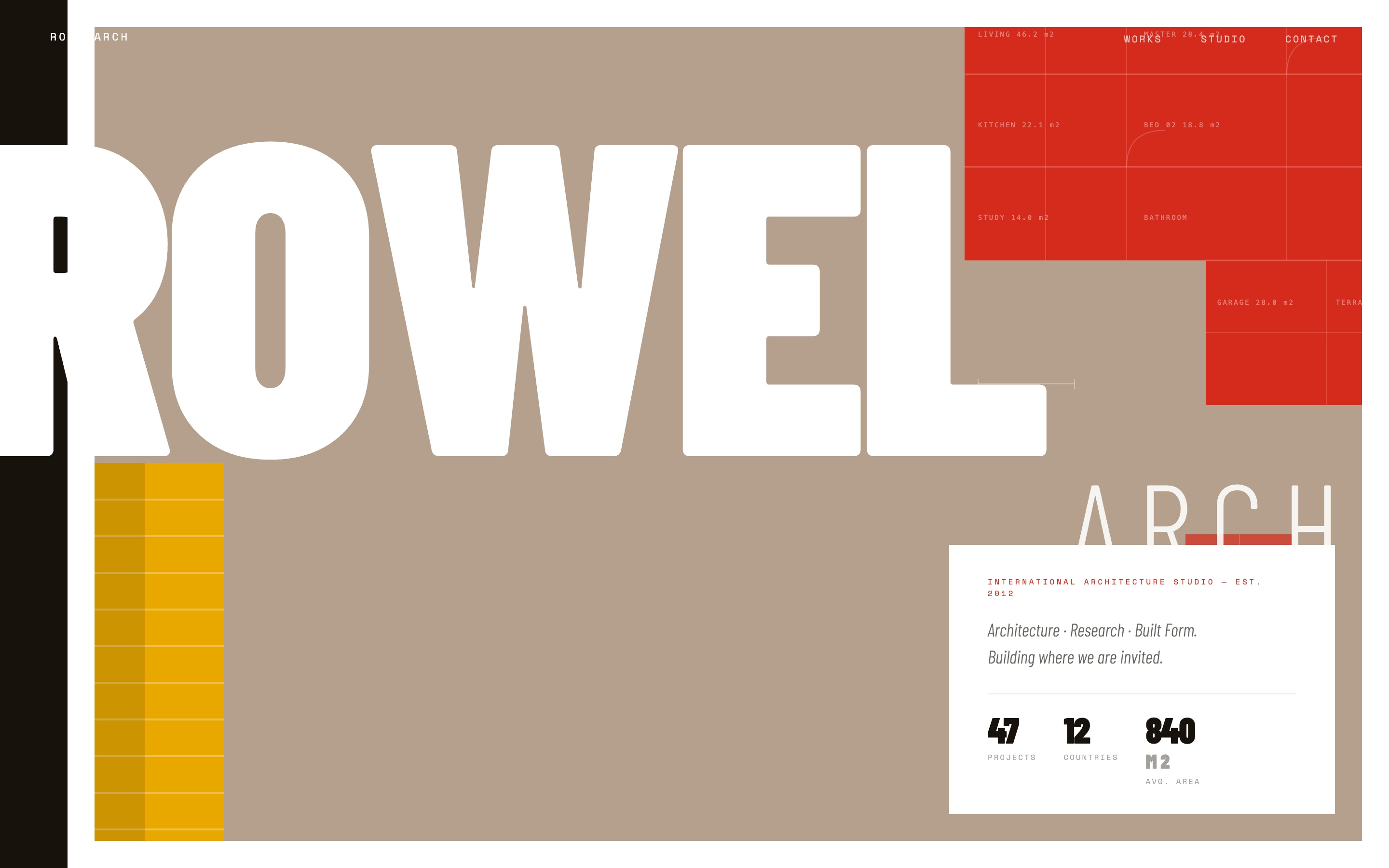 Rowel Arch — Diseño web para estudio de arquitectura internacional. Trompe l'oeil tipográfico, paleta monocromática y formas geométricas de precisión.