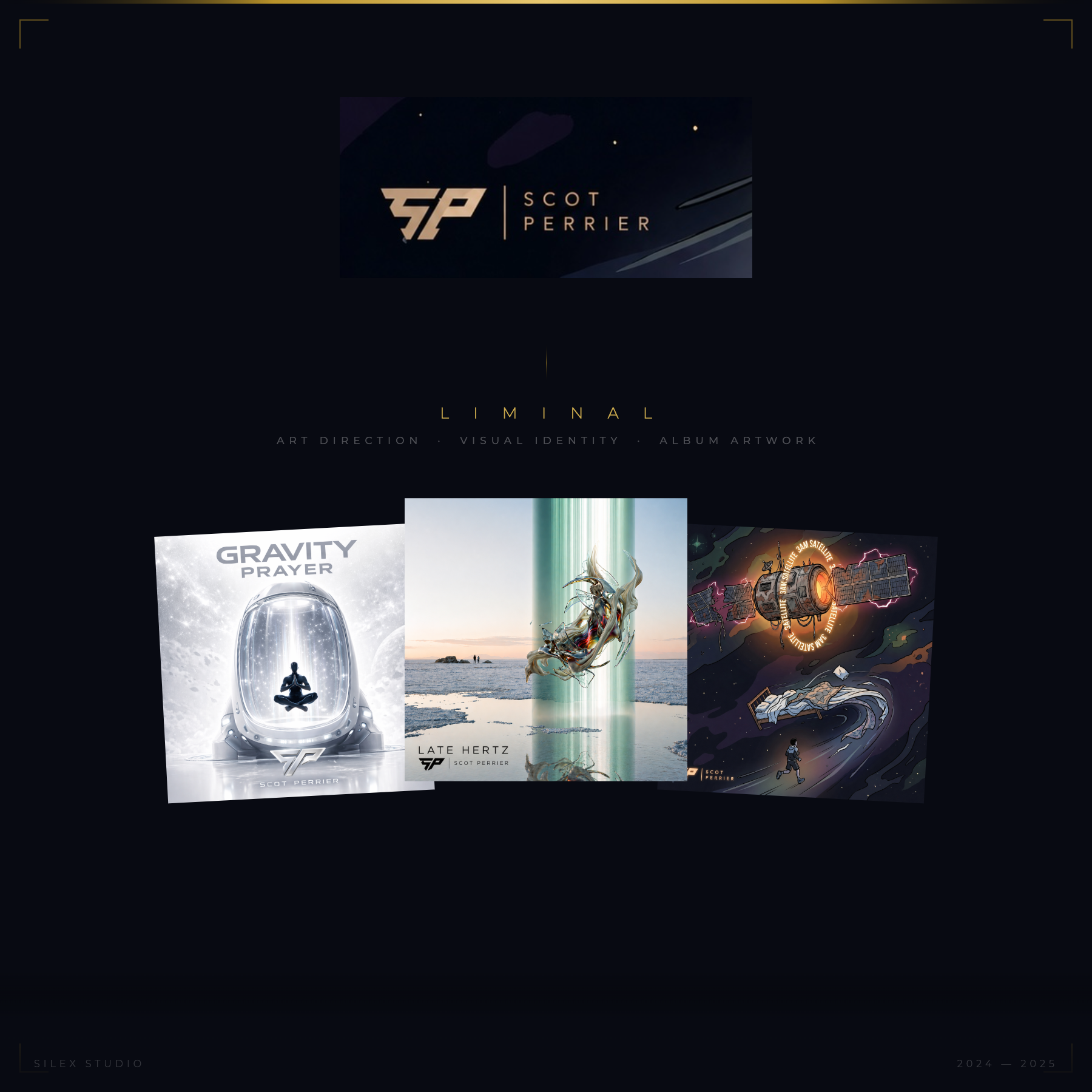 Scot Perrier LIMINAL — Dirección artística e identidad visual por SILEX Studio. Logo SP, artwork álbum Late Hertz y singles